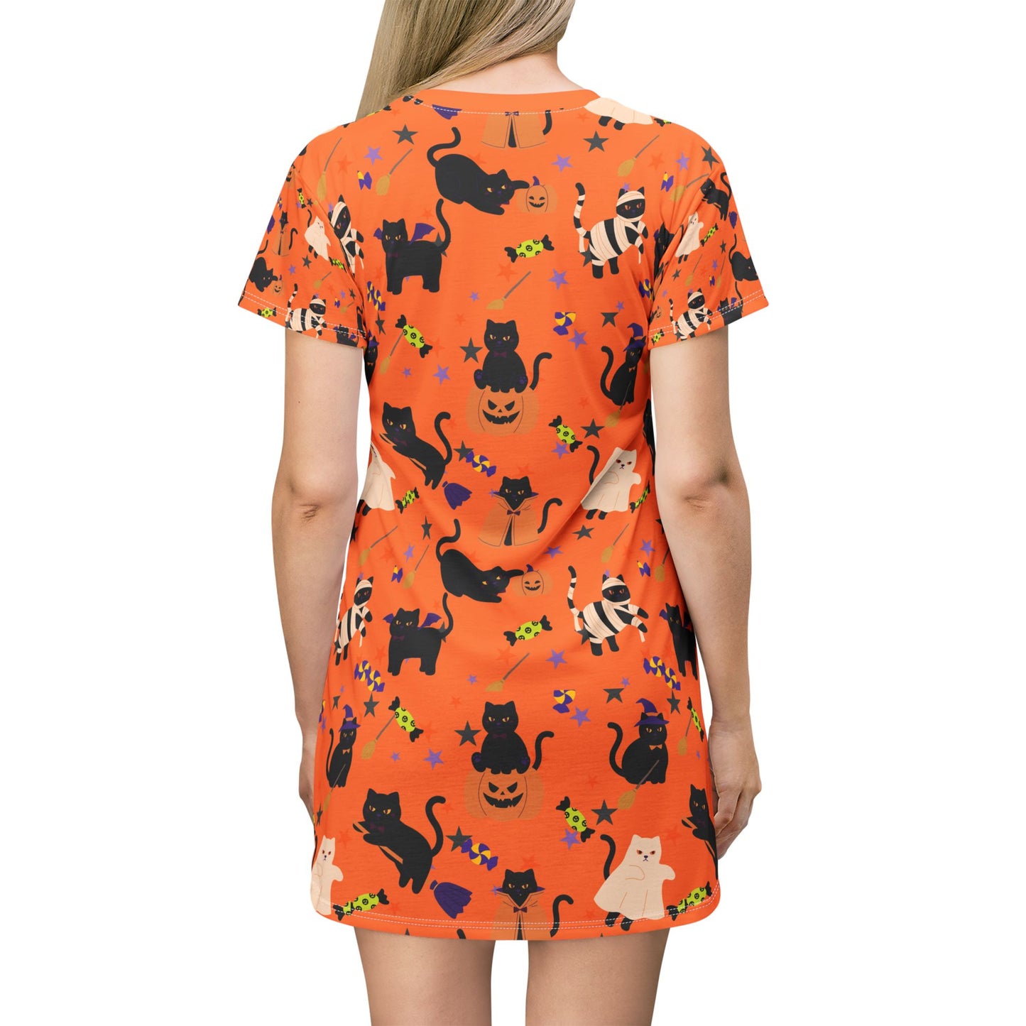 Whimsical Cat Halloween T-Shirt Dress