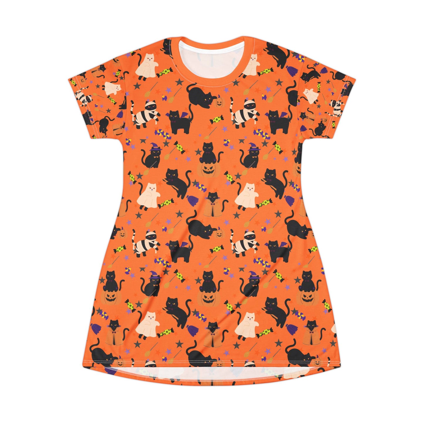 Whimsical Cat Halloween T-Shirt Dress