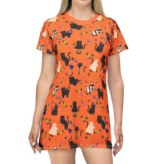 Whimsical Cat Halloween T-Shirt Dress